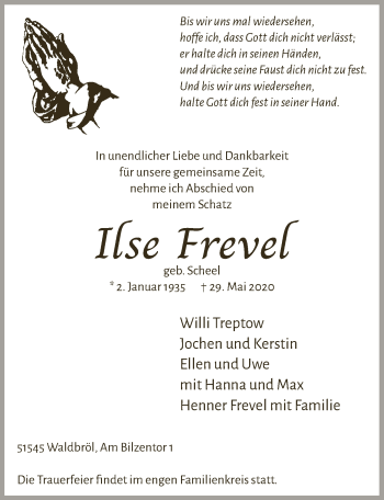 Anzeige von Ilse Frevel von  Lokalanzeiger 