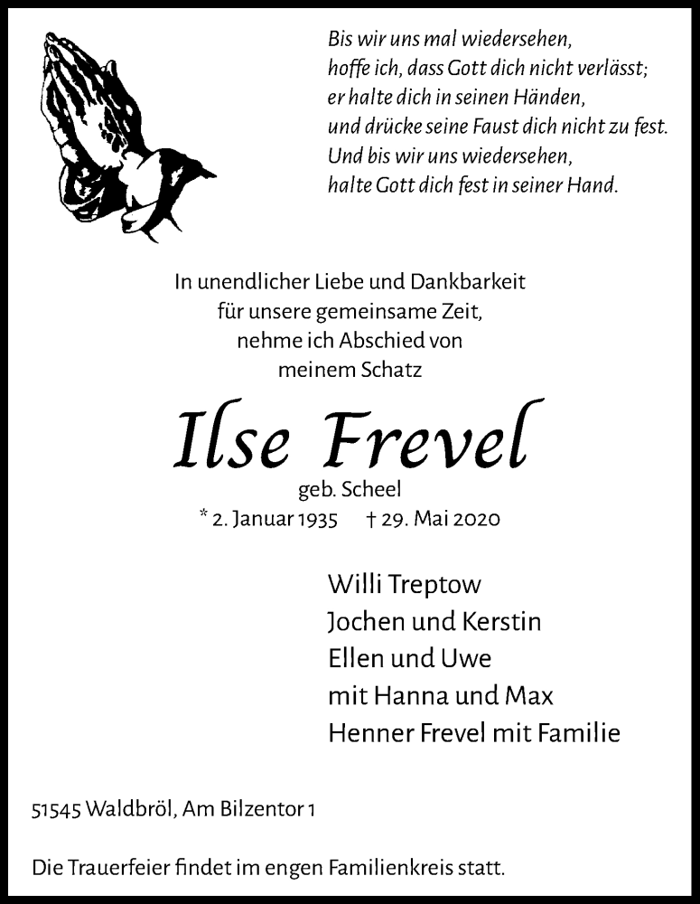  Traueranzeige für Ilse Frevel vom 06.06.2020 aus Kölner Stadt-Anzeiger / Kölnische Rundschau / Express