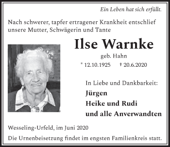 Anzeige von Ilse Warnke von  Schlossbote/Werbekurier 