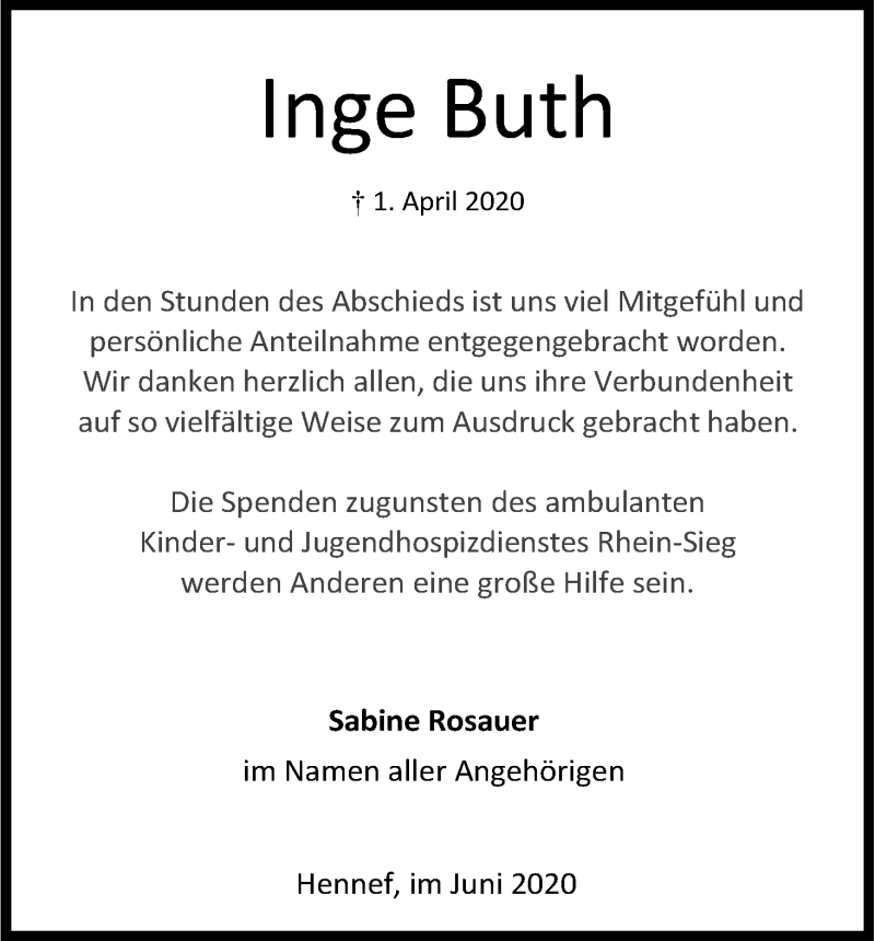  Traueranzeige für Inge Buth vom 06.06.2020 aus Kölner Stadt-Anzeiger / Kölnische Rundschau / Express