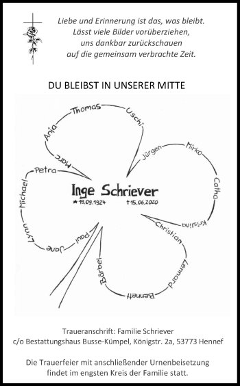 Anzeige von Inge Schriever von Kölner Stadt-Anzeiger / Kölnische Rundschau / Express