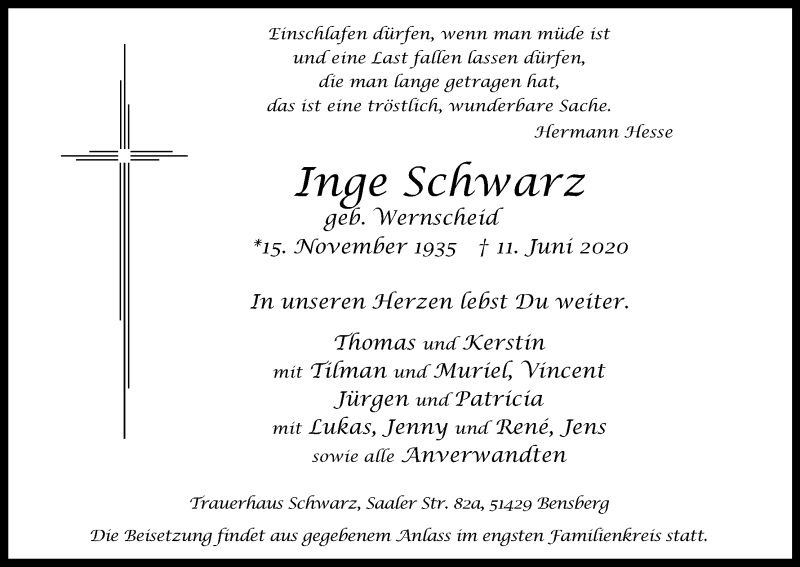  Traueranzeige für Inge Schwarz vom 20.06.2020 aus Kölner Stadt-Anzeiger / Kölnische Rundschau / Express