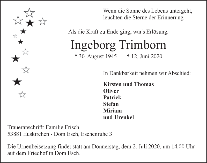  Traueranzeige für Ingeborg Trimborn vom 20.06.2020 aus  Blickpunkt Euskirchen 