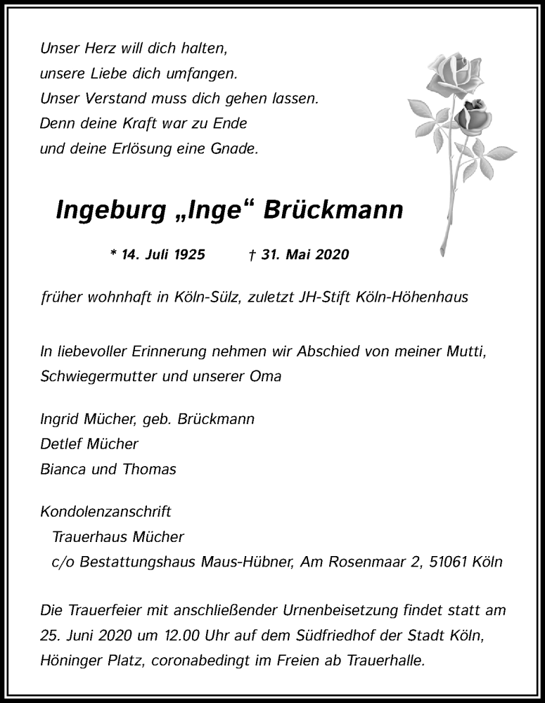  Traueranzeige für Ingeburg Brückmann vom 20.06.2020 aus Kölner Stadt-Anzeiger / Kölnische Rundschau / Express
