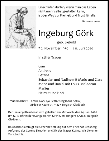 Anzeige von Ingeburg Görk von Kölner Stadt-Anzeiger / Kölnische Rundschau / Express