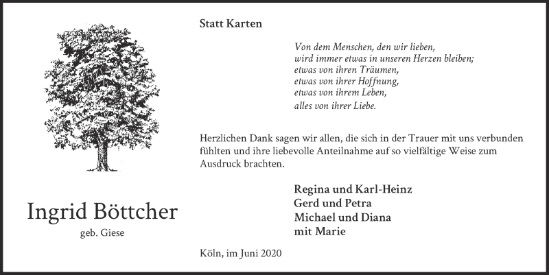  Traueranzeige für Ingrid Böttcher vom 19.06.2020 aus  Kölner Wochenspiegel 
