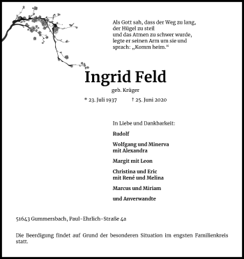 Anzeige von Ingrid Feld von Kölner Stadt-Anzeiger / Kölnische Rundschau / Express