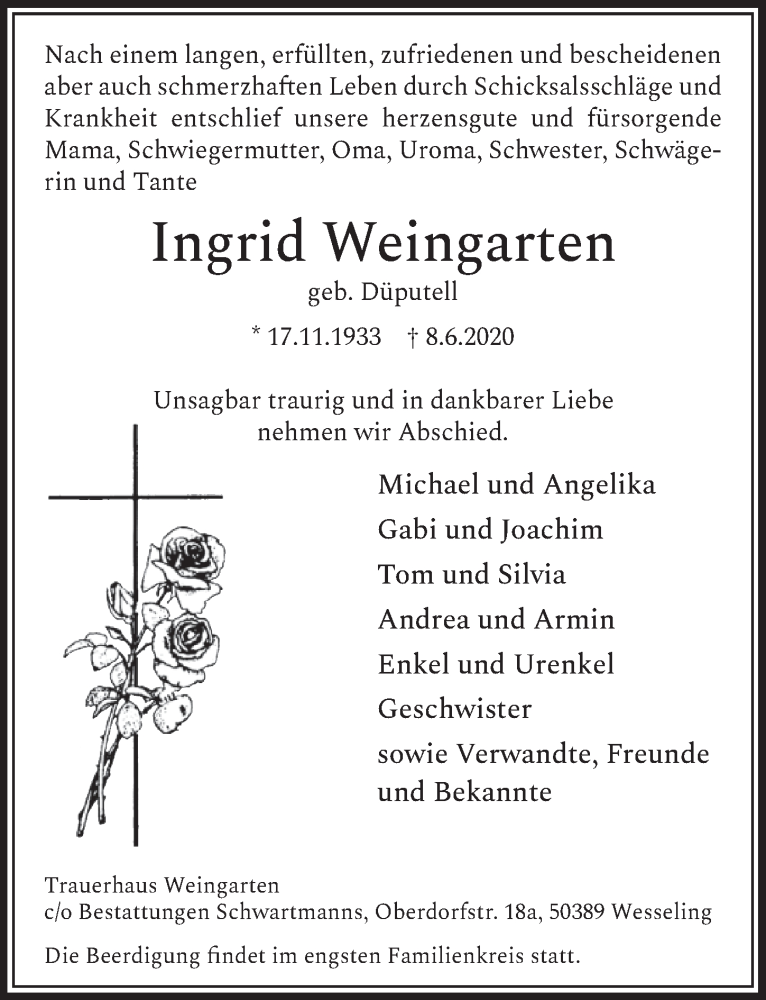  Traueranzeige für Ingrid Weingarten vom 19.06.2020 aus  Schlossbote/Werbekurier 