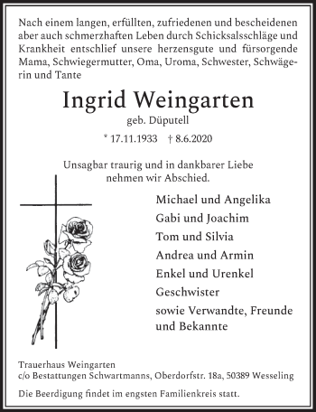 Anzeige von Ingrid Weingarten von  Schlossbote/Werbekurier 