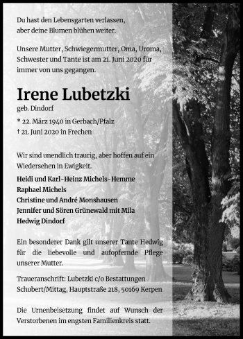 Anzeige von Irene Lubetzki von Kölner Stadt-Anzeiger / Kölnische Rundschau / Express