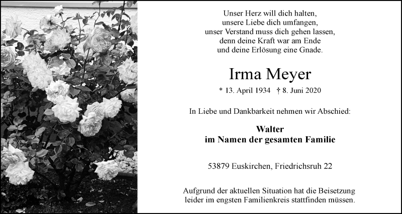  Traueranzeige für Irma Meyer vom 20.06.2020 aus  Blickpunkt Euskirchen 