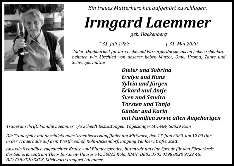  Traueranzeige für Irmgard Laemmer vom 13.06.2020 aus Kölner Stadt-Anzeiger / Kölnische Rundschau / Express