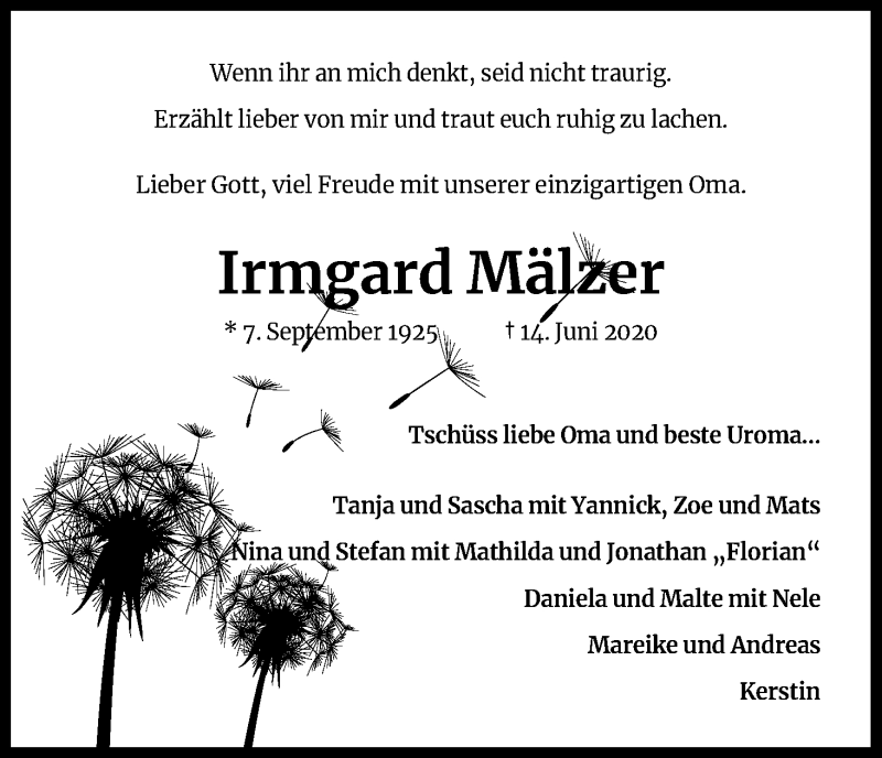  Traueranzeige für Irmgard Mälzer vom 24.06.2020 aus Kölner Stadt-Anzeiger / Kölnische Rundschau / Express