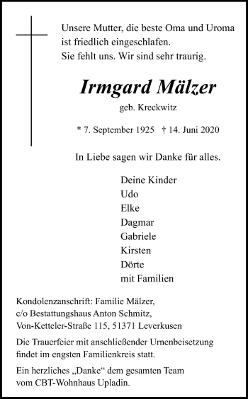 Anzeige von Irmgard Mälzer von Kölner Stadt-Anzeiger / Kölnische Rundschau / Express