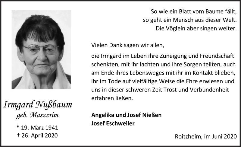  Traueranzeige für Irmgard Nußbaum vom 06.06.2020 aus  Blickpunkt Euskirchen 