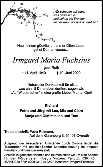 Anzeige von Irmgard Maria Fuchsius von Kölner Stadt-Anzeiger / Kölnische Rundschau / Express