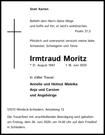 Anzeige von Irmtraud Moritz von Kölner Stadt-Anzeiger / Kölnische Rundschau / Express