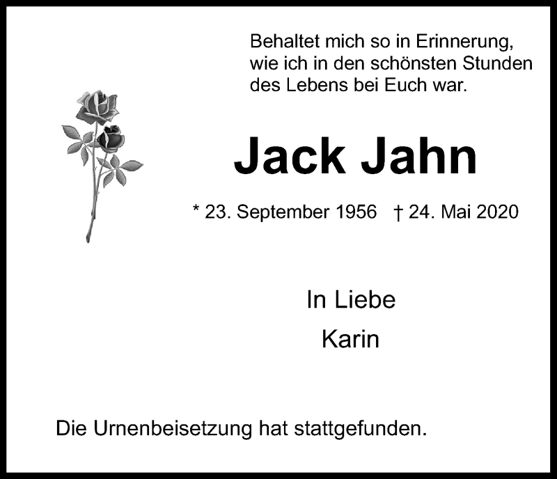  Traueranzeige für Jack Jahn vom 13.06.2020 aus Kölner Stadt-Anzeiger / Kölnische Rundschau / Express
