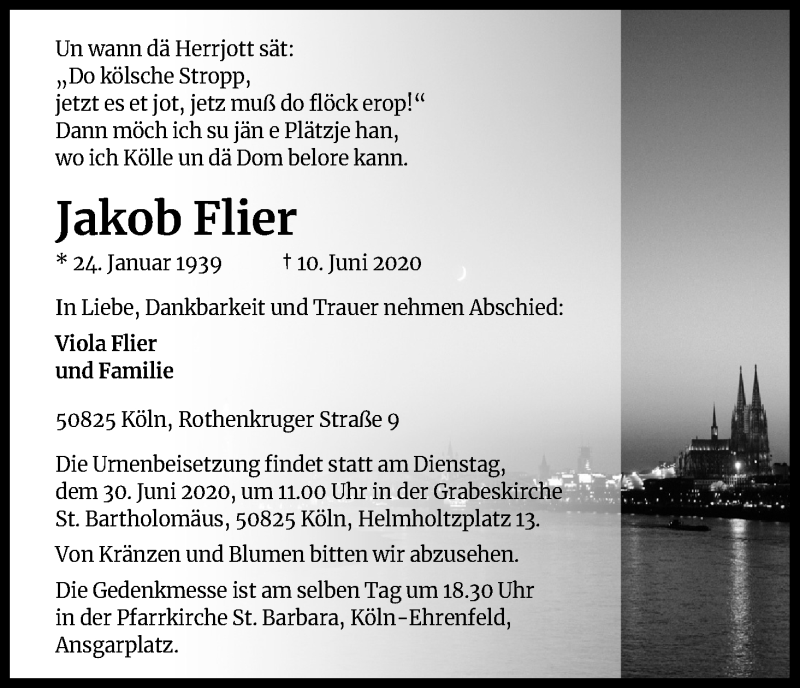  Traueranzeige für Jakob Flier vom 27.06.2020 aus Kölner Stadt-Anzeiger / Kölnische Rundschau / Express