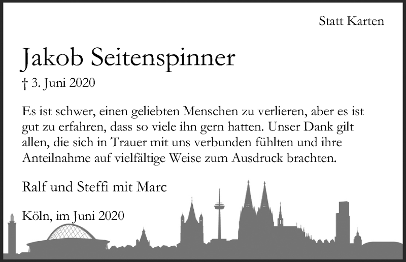  Traueranzeige für Jakob Seitenspinner vom 27.06.2020 aus Kölner Stadt-Anzeiger / Kölnische Rundschau / Express