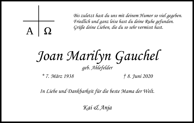  Traueranzeige für Joan Marilyn Gauchel vom 13.06.2020 aus Kölner Stadt-Anzeiger / Kölnische Rundschau / Express