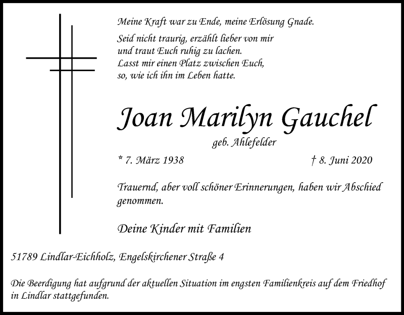  Traueranzeige für Joan Marilyn Gauchel vom 13.06.2020 aus Kölner Stadt-Anzeiger / Kölnische Rundschau / Express