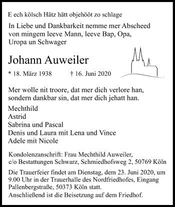Anzeige von Johann Auweiler von Kölner Stadt-Anzeiger / Kölnische Rundschau / Express