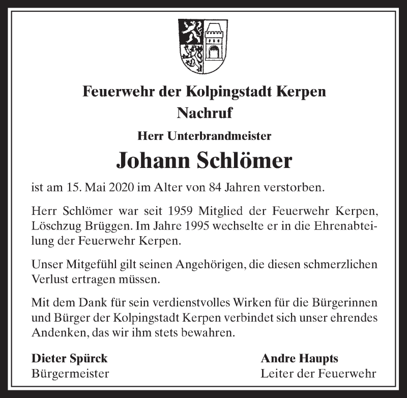  Traueranzeige für Johann Schlömer vom 05.06.2020 aus  Werbepost 