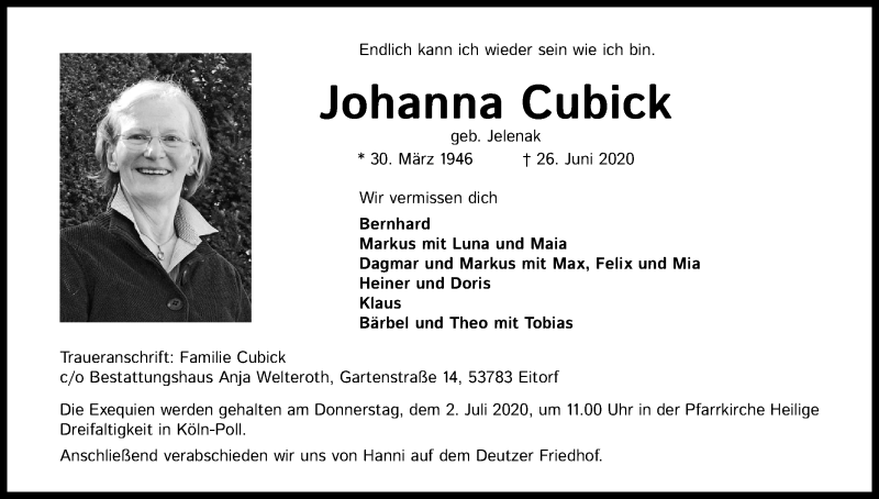  Traueranzeige für Johanna Cubick vom 01.07.2020 aus Kölner Stadt-Anzeiger / Kölnische Rundschau / Express