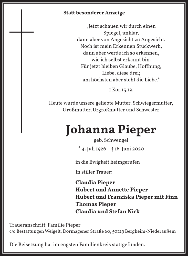  Traueranzeige für Johanna Pieper vom 26.06.2020 aus  Werbepost 