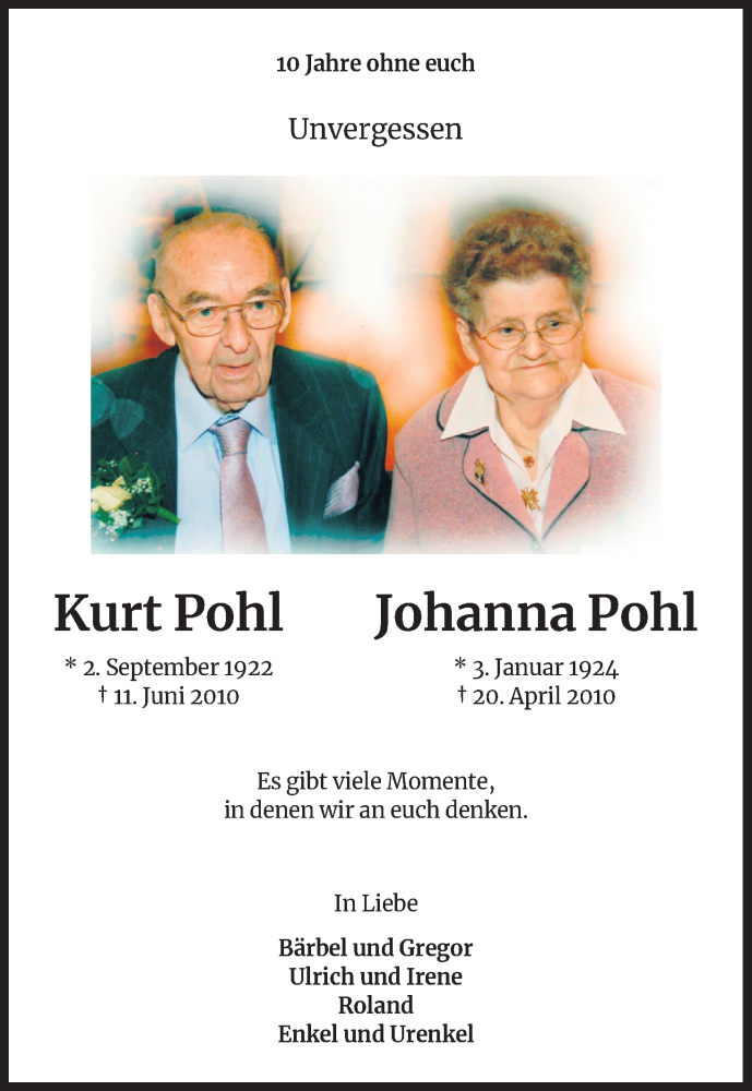  Traueranzeige für Johanna Pohl vom 11.06.2020 aus Kölner Stadt-Anzeiger / Kölnische Rundschau / Express
