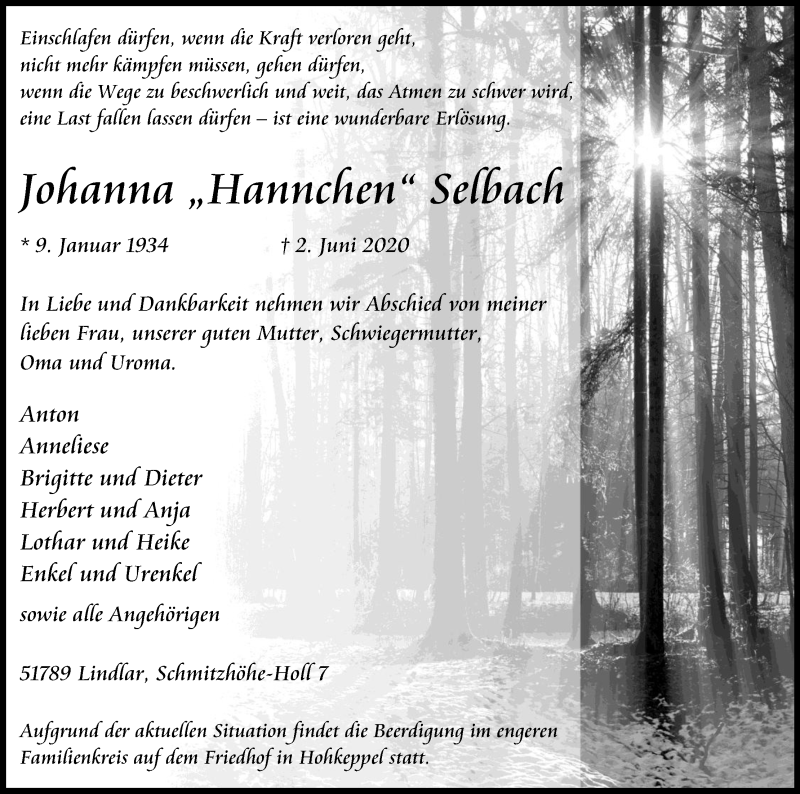  Traueranzeige für Johanna Selbach vom 06.06.2020 aus Kölner Stadt-Anzeiger / Kölnische Rundschau / Express