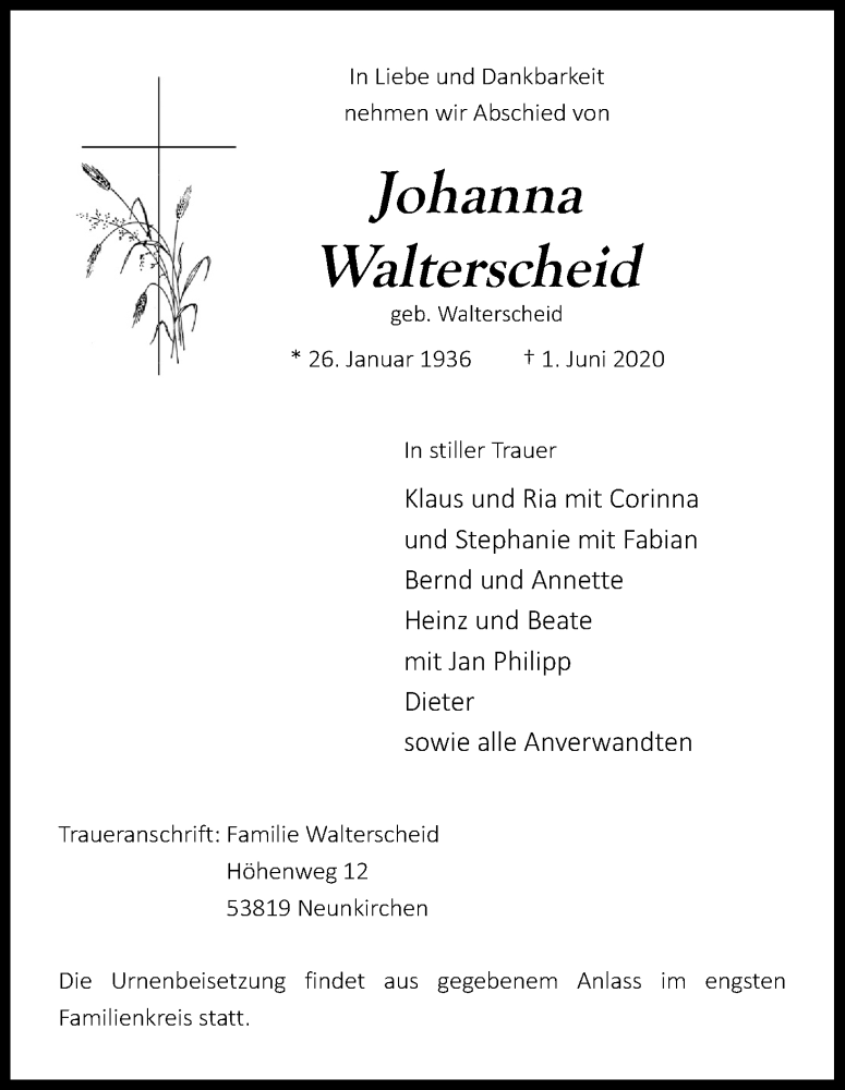  Traueranzeige für Johanna Walterscheid vom 13.06.2020 aus Kölner Stadt-Anzeiger / Kölnische Rundschau / Express