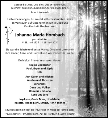 Anzeige von Johanna Maria Hombach von Kölner Stadt-Anzeiger / Kölnische Rundschau / Express