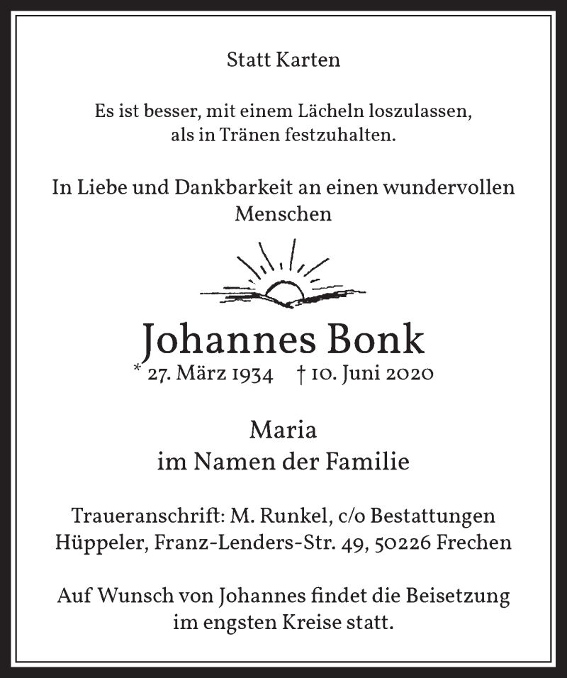  Traueranzeige für Johannes Bonk vom 19.06.2020 aus  Wochenende 