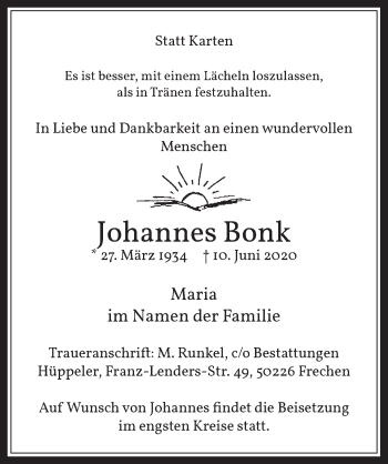 Anzeige von Johannes Bonk von  Wochenende 
