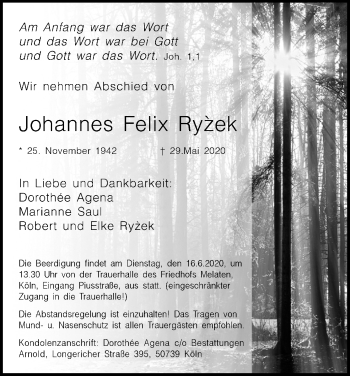 Anzeige von Johannes Felix Ryzek von Kölner Stadt-Anzeiger / Kölnische Rundschau / Express