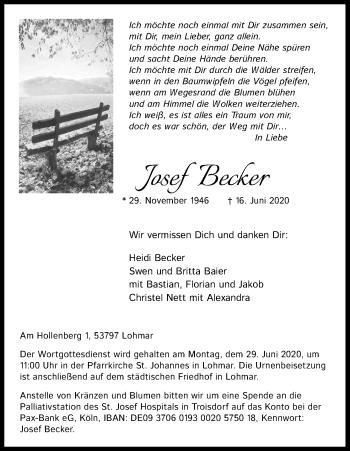 Anzeige von Josef Becker von Kölner Stadt-Anzeiger / Kölnische Rundschau / Express