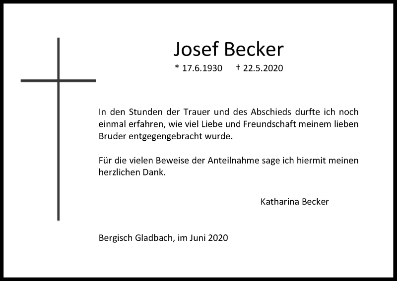  Traueranzeige für Josef Becker vom 13.06.2020 aus Kölner Stadt-Anzeiger / Kölnische Rundschau / Express