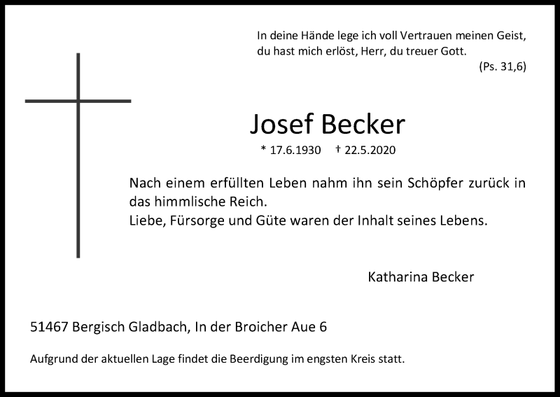  Traueranzeige für Josef Becker vom 03.06.2020 aus Kölner Stadt-Anzeiger / Kölnische Rundschau / Express
