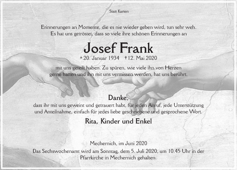  Traueranzeige für Josef Frank vom 27.06.2020 aus  Blickpunkt Euskirchen 