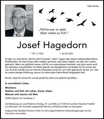 Anzeige von Josef Hagedorn von  Blickpunkt Euskirchen 