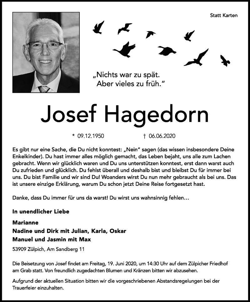  Traueranzeige für Josef Hagedorn vom 13.06.2020 aus Kölner Stadt-Anzeiger / Kölnische Rundschau / Express