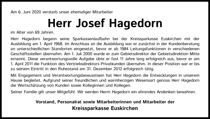  Traueranzeige für Josef Hagedorn vom 17.06.2020 aus Kölner Stadt-Anzeiger / Kölnische Rundschau / Express