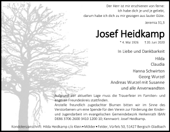 Anzeige von Josef Heidkamp von Kölner Stadt-Anzeiger / Kölnische Rundschau / Express