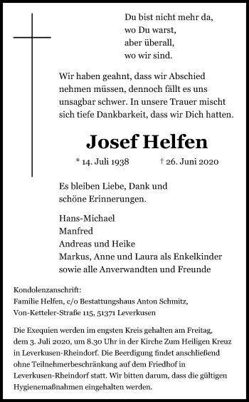 Anzeige von Josef Helfen von Kölner Stadt-Anzeiger / Kölnische Rundschau / Express