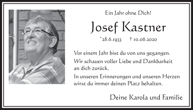 Traueranzeige für Josef Kastner vom 12.06.2020 aus  Schlossbote/Werbekurier 