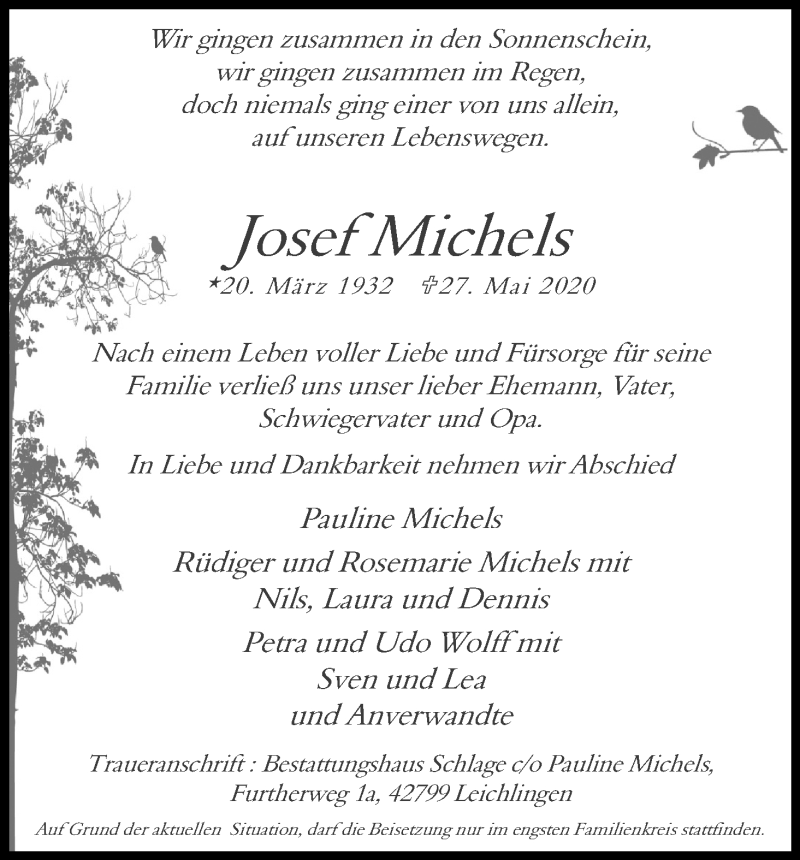  Traueranzeige für Josef Michels vom 13.06.2020 aus Kölner Stadt-Anzeiger / Kölnische Rundschau / Express