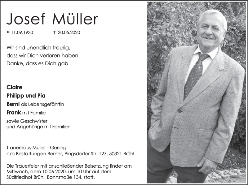  Traueranzeige für Josef Müller vom 05.06.2020 aus  Schlossbote/Werbekurier 
