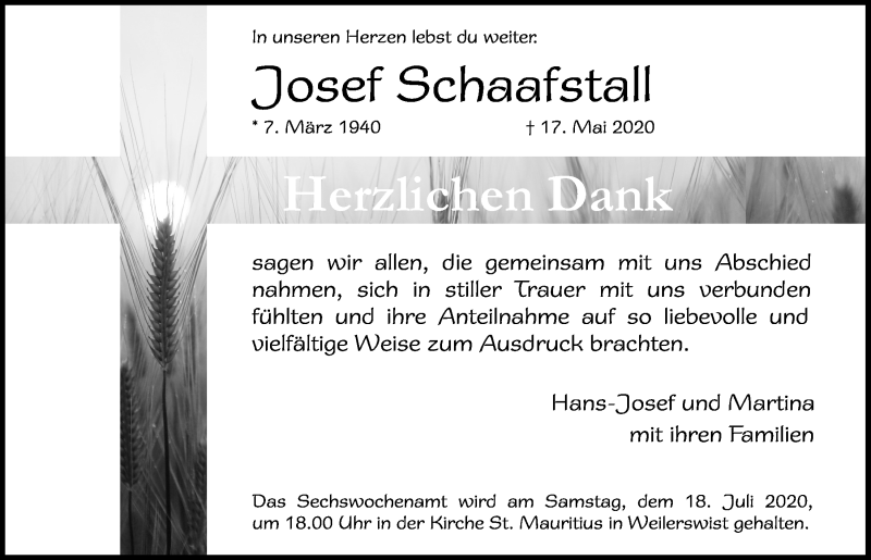  Traueranzeige für Josef Schaafstall vom 27.06.2020 aus  Blickpunkt Euskirchen 